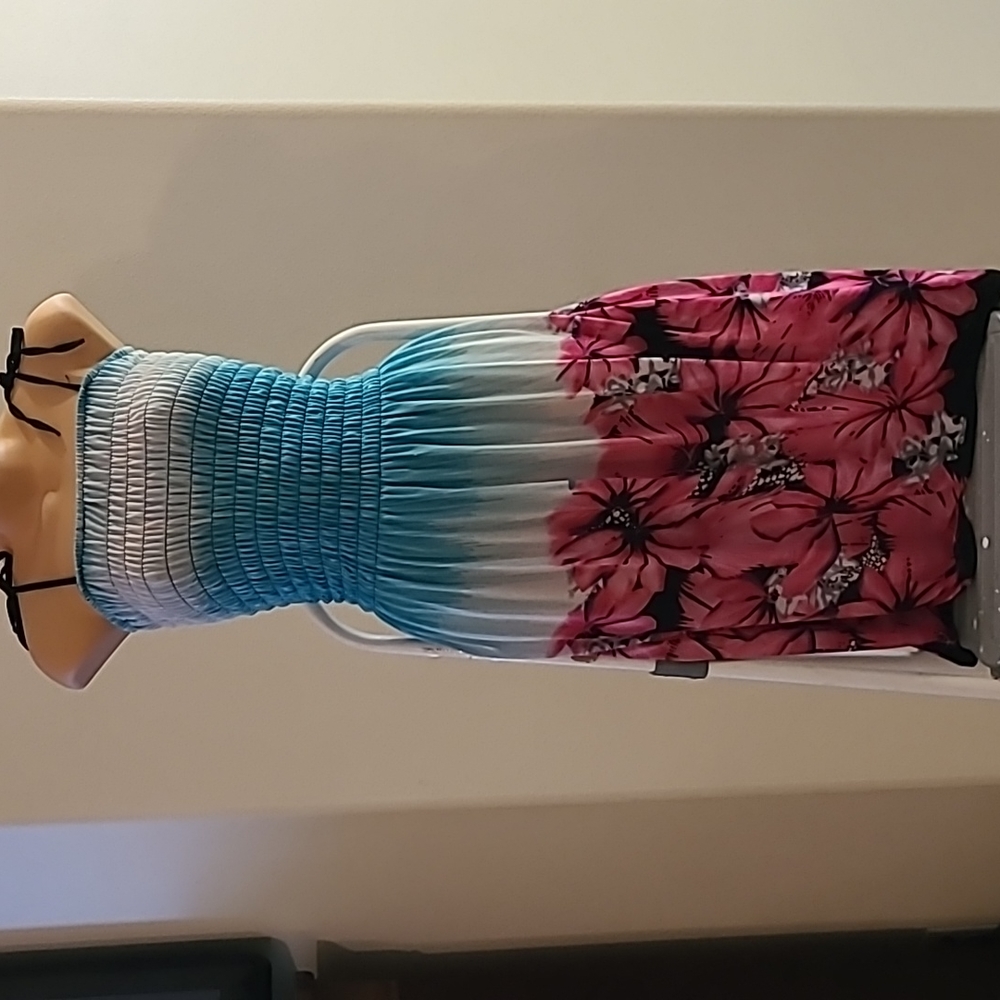 Sundress blue with tropical black and pink flowers size med juniors